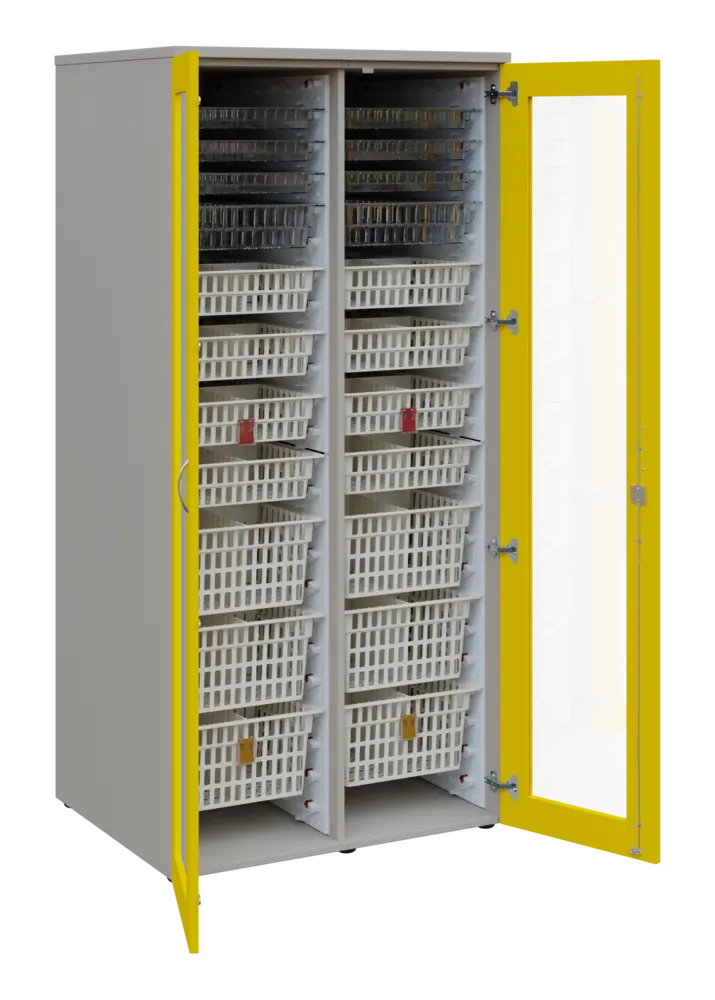 EUROMEDICA S - 90 skříň léková boxová, 2-dveřová/prosklená, 1950x900x735, korpus šedý, dvířka žlutá odio